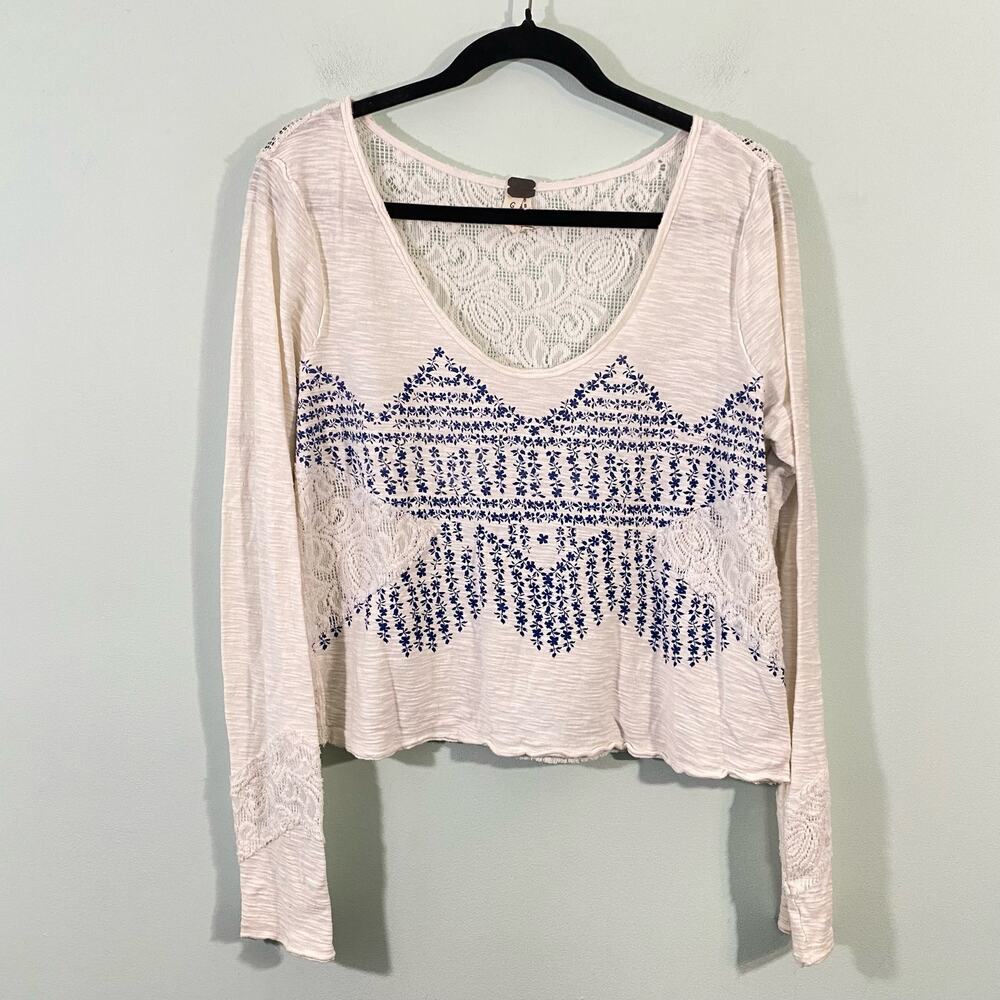 We The Free Women's White Lace Blue Floral Long Sleeve Blouse Size L